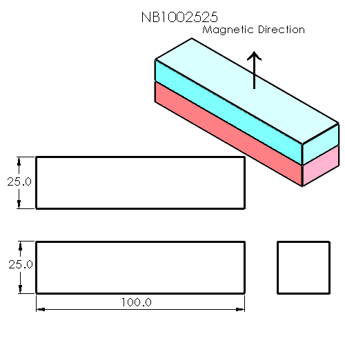 N52 Neodymium magnet block : 100mm L x 25mm W x 25mm H