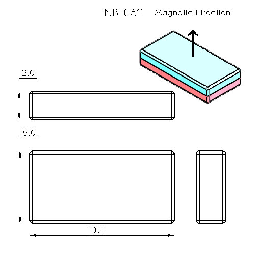 N52 Neodymium magnet block : 10mm L x 5mm W x 2mm H