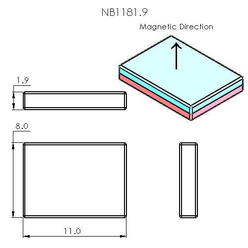 N50 Neodymium magnet block : 11mm L x 8mm W x 1.9mm H