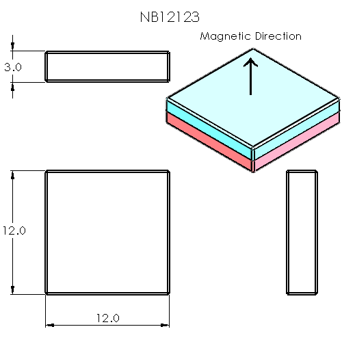 N52 Neodymium magnet block : 12mm L x 12mm W x 3mm H