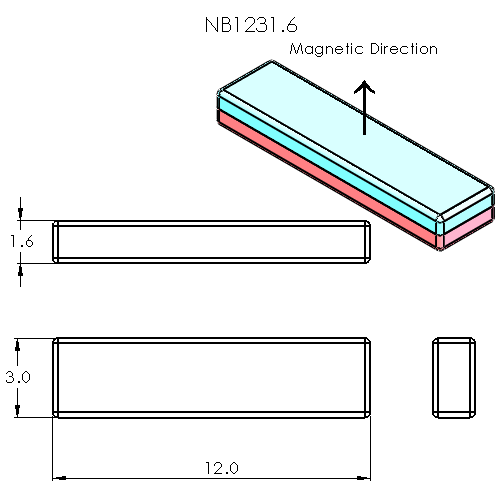 N52 Neodymium magnet block : 12mm L x 3mm W x 1.6mm H