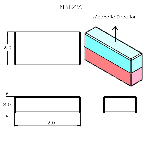 N52 Neodymium magnet block : 12mm L x 3mm W x 6mm H