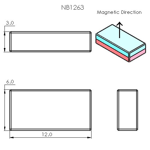 N52 Neodymium magnet block : 12mm L x 6mm W x 3mm H