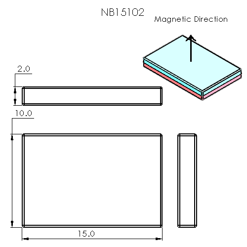 N52 Neodymium magnet block : 15mm L x 10mm W x 2mm H