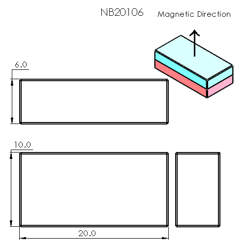 N52 Neodymium magnet block : 20mm L x 10mm W x 6mm H
