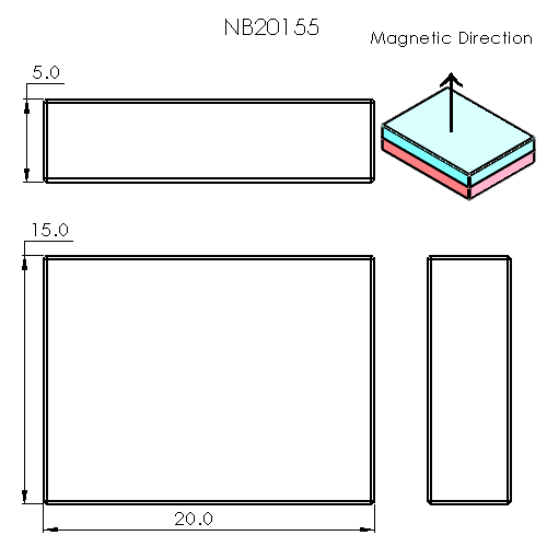 N52 Neodymium magnet block : 20mm L x 15mm W x 5mm H