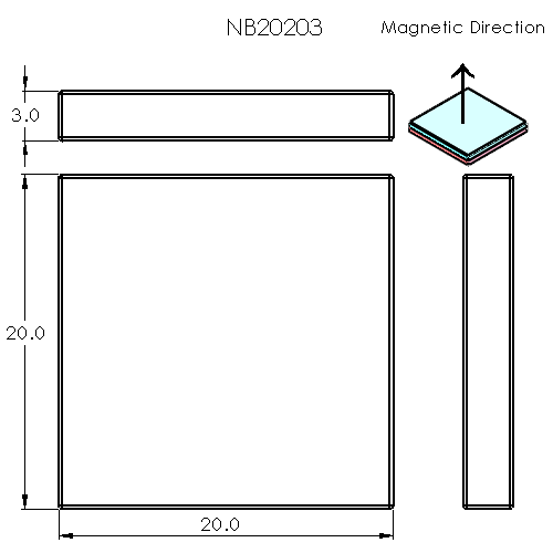N52 Neodymium magnet block : 20mm L x 20mm W x 3mm H