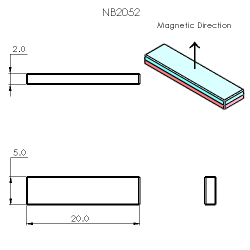 N52 Neodymium magnet block : 20mm L x 5mm W x 2mm H