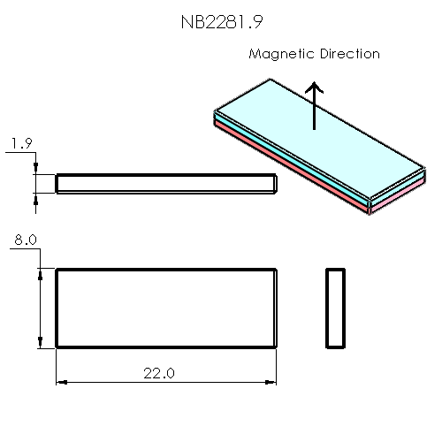 N50 Neodymium magnet block : 22mm L x 8mm W x 1.9mm H