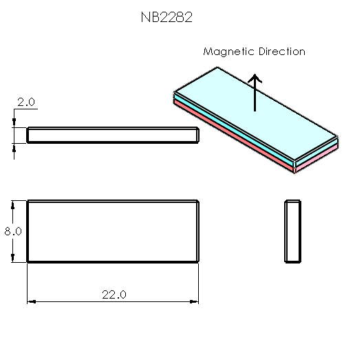 N52 Neodymium magnet block : 22mm L x 8mm W x 2mm H