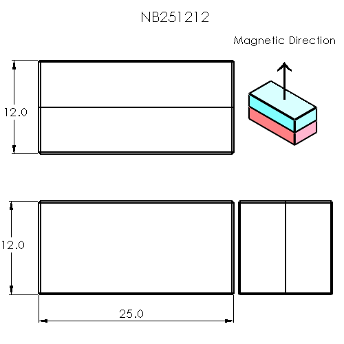 N52 Neodymium magnet block : 25mm L x 12mm W x 12mm H