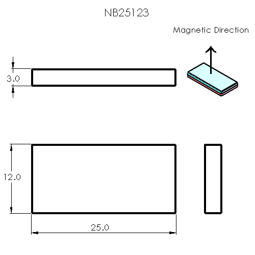 N52 Neodymium magnet block : 25mm L x 12mm W x 3mm H