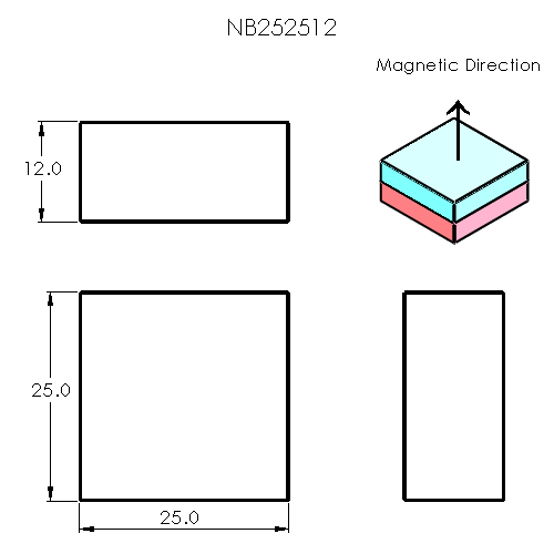 N52 Neodymium magnet block : 25mm L x 25mm W x 12mm H