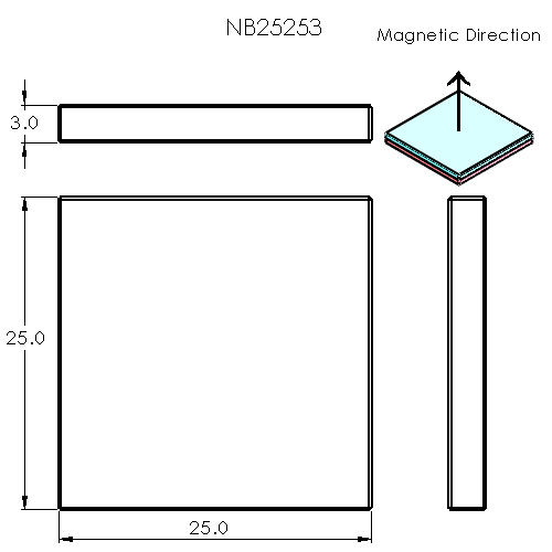 N52 Neodymium magnet block : 25mm L x 25mm W x 3mm H