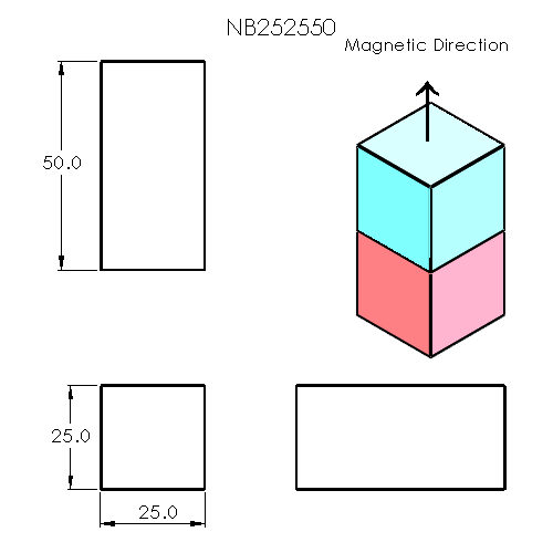 N52 Neodymium magnet block : 25mm L x 25mm W x 50mm H