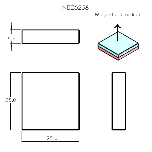 N52 Neodymium magnet block : 25mm L x 25mm W x 6mm H