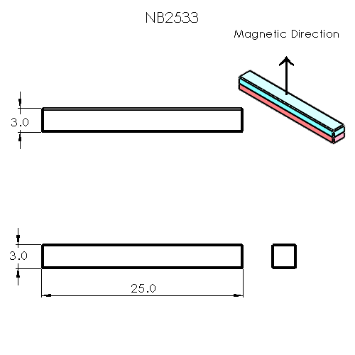 N52 Neodymium magnet block : 25mm L x 3mm W x 3mm H
