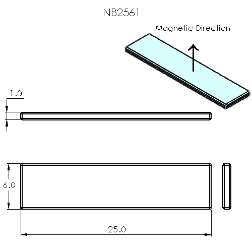 N52 Neodymium magnet block : 25mm L x 6mm W x 1mm H