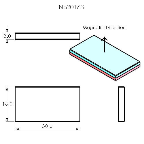 N52 Neodymium magnet block : 30mm L x 16mm W x 3mm H