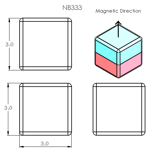 N52 Neodymium magnet 3mm cube : 3mm L x 3mm W x 3mm H