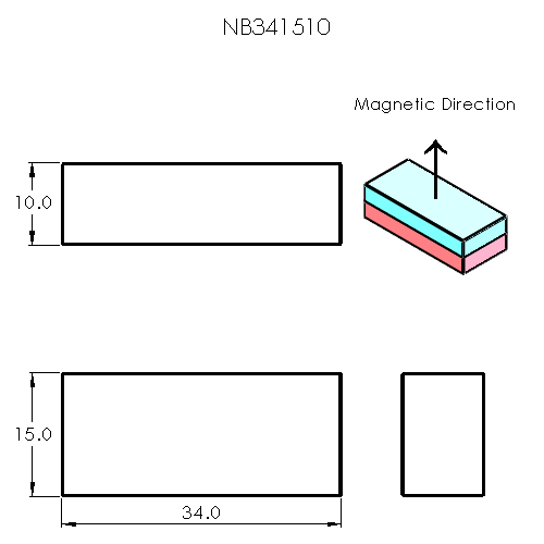 N52 Neodymium magnet block : 34mm L x 15mm W x 10mm H