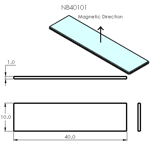 N52 Neodymium magnet block : 40mm L x 10mm W x 1mm H