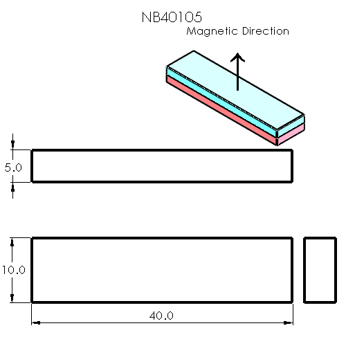 N52 Neodymium magnet block : 40mm L x 10mm W x 5mm H