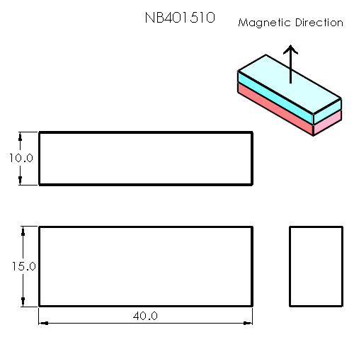 N52 Neodymium magnet block : 40mm L x 15mm W x 10mm H