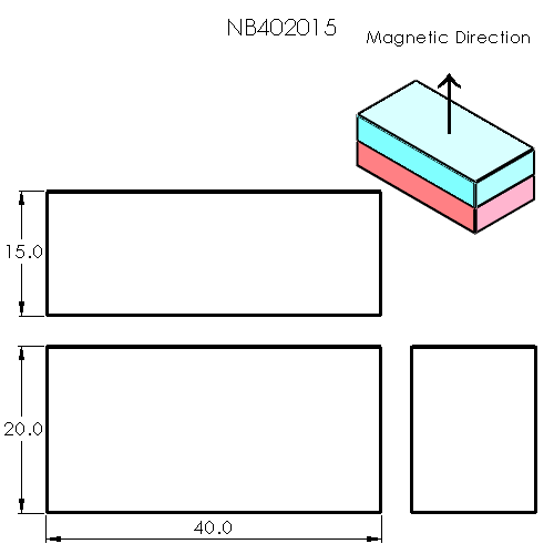 N52 Neodymium magnet block : 40mm L x 20mm W x 15mm H