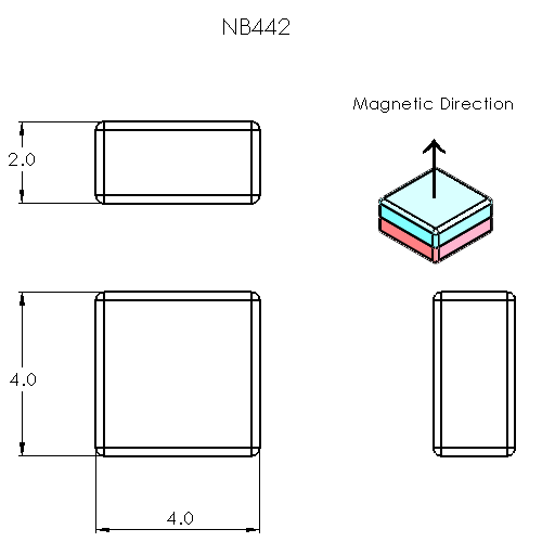 N52 Neodymium magnet block : 4mm L x 4mm W x 2mm H