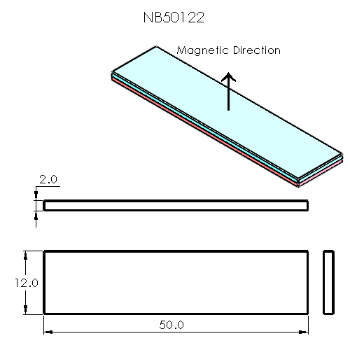 N52 Neodymium magnet block : 50mm L x 12mm W x 2mm H