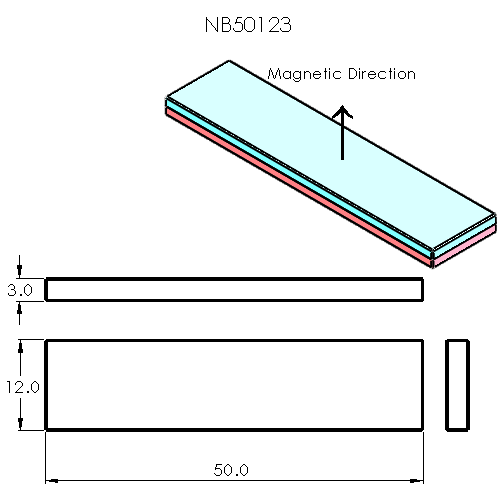 N52 Neodymium magnet block : 50mm L x 12mm W x 3mm H