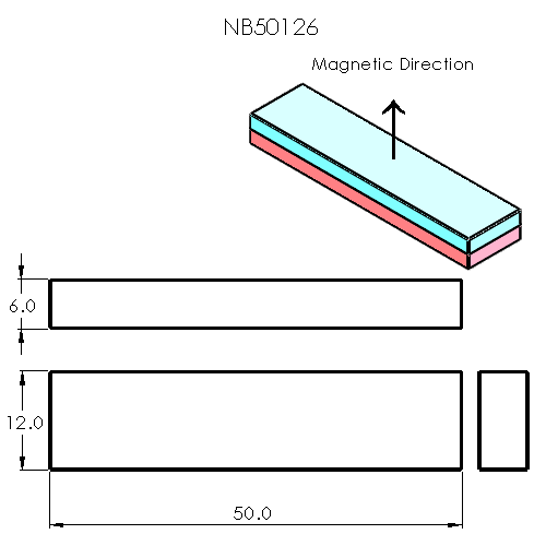 N52 Neodymium magnet block : 50mm L x 12mm W x 6mm H
