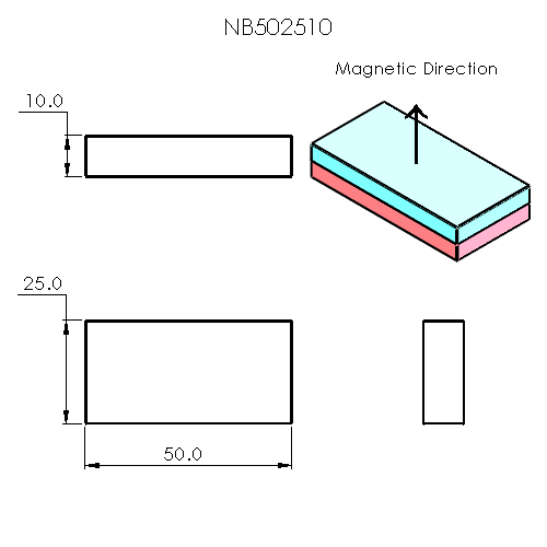 N52 Neodymium magnet block : 50mm L x 25mm W x 10mm H