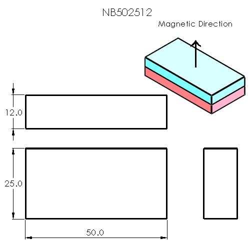 N52 Neodymium magnet block : 50mm L x 25mm W x 12mm H