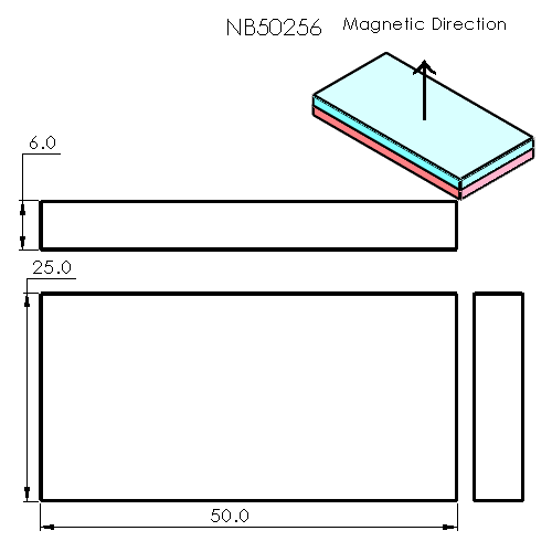 N52 Neodymium magnet block : 50mm L x 25mm W x 6mm H