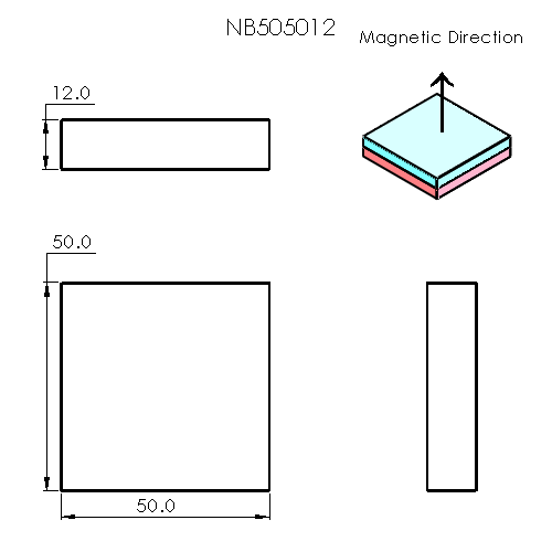 N52 Neodymium magnet block : 50mm L x 50mm W x 12mm H