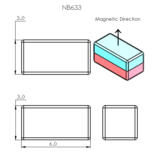N52 Neodymium magnet block : 6mm L x 3mm W x 3mm H