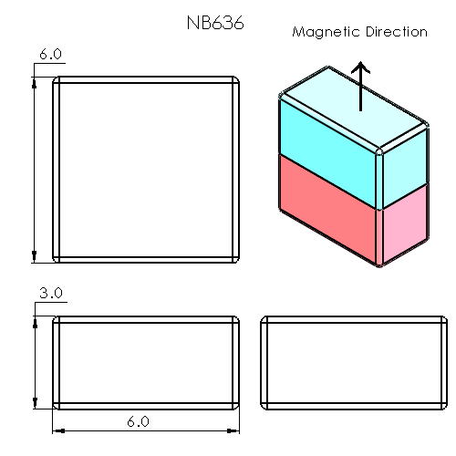 N52 Neodymium magnet block : 6mm L x 3mm W x 6mm H