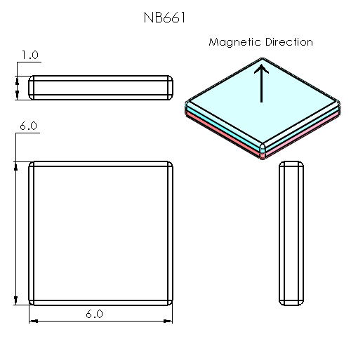 N52 Neodymium magnet block : 6mm L x 6mm W x 1mm H