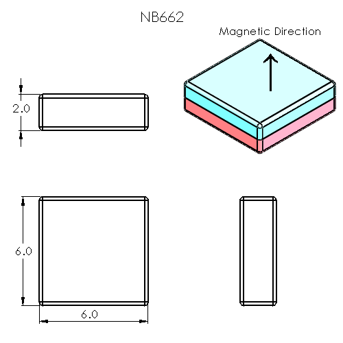 N52 Neodymium magnet block : 6mm L x 6mm W x 2mm H