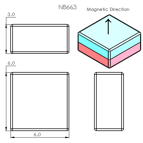 N52 Neodymium magnet block : 6mm L x 6mm W x 3mm H