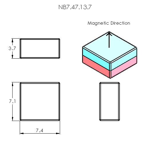 N52 Neodymium magnet block : 7.4mm L x 7.1mm W x 3.7mm H