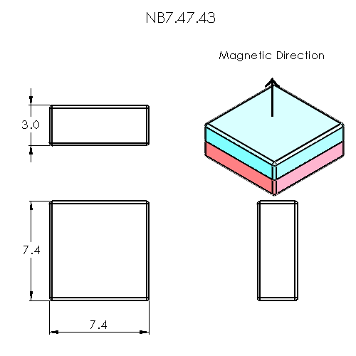 N52 Neodymium magnet block : 7.4mm L x 7.4mm W x 3mm H