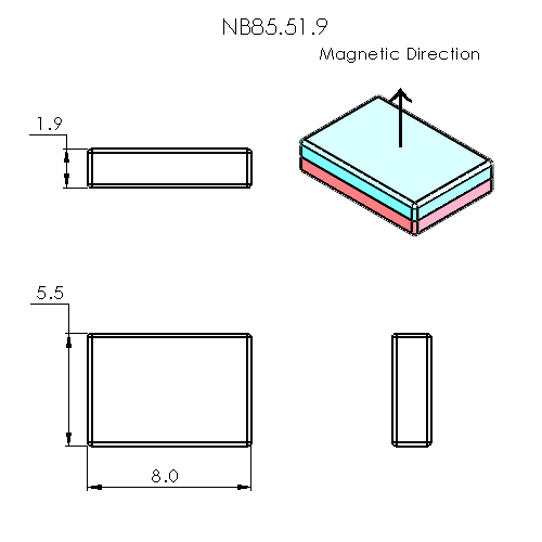 N50 Neodymium magnet block : 8mm L x 5.5mm W x 1.9mm H