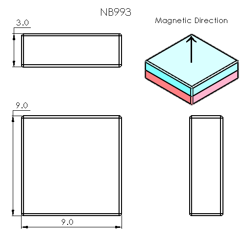 N52 Neodymium magnet block : 9mm L x 9mm W x 3mm H