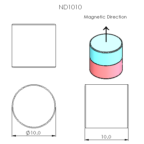 N52 Neodymium magnet cylinder : 10mm OD x 10mm T - schematic
