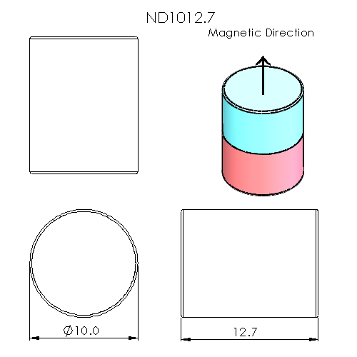 N52 Neodymium magnet cylinder : 10mm OD x 12.7mm T - schematic