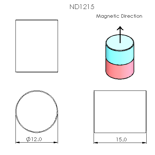 N52 Neodymium magnet cylinder: 12mm OD x 15mm T