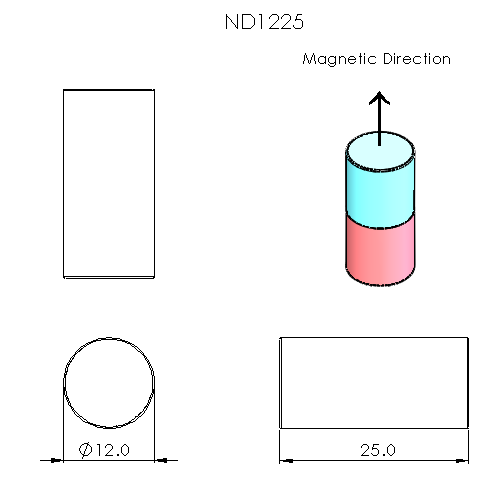 N52 Neodymium magnet cylinder : 12xmm OD x 25mm T